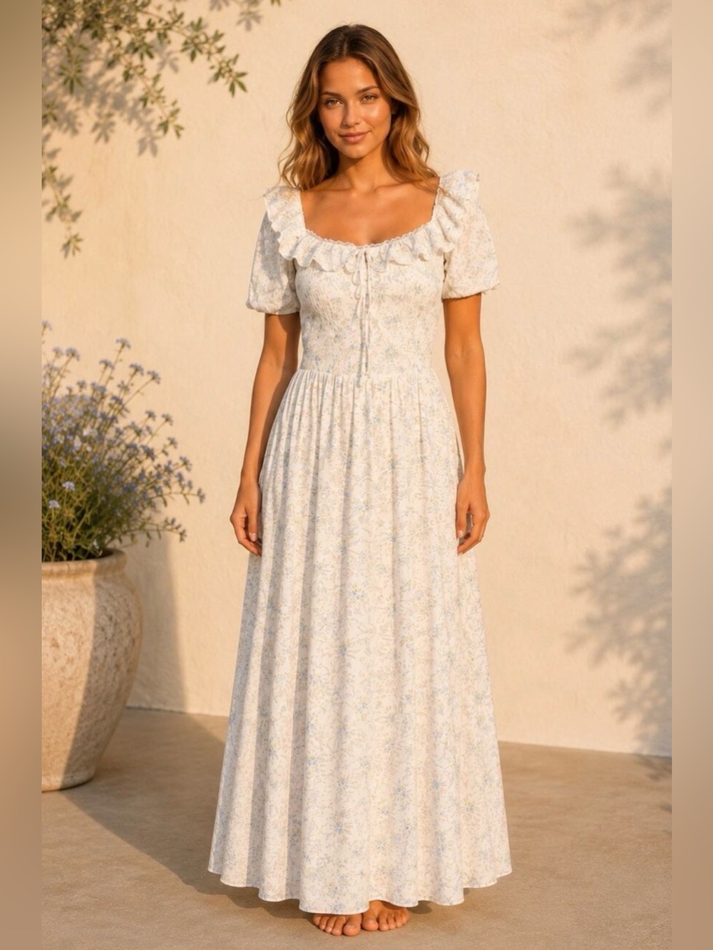 Rosie Posie Blue Floral Maxi Dress L NWT Puff Sleeve Smocked Cottagecore